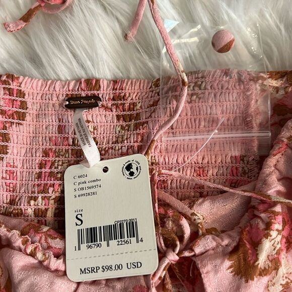 NWT $98 Free People Hilary Printed Top Pink Combo Smocked Back Blouse Size Small - Picture 5 of 6